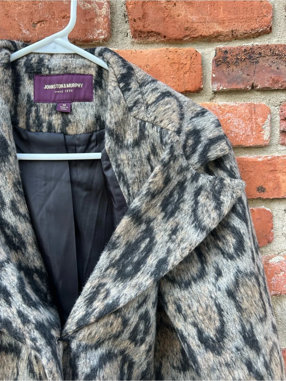 Johnston & Murphy NEW Animal Print Pea Coat Taupe/Black Lined Long Length M